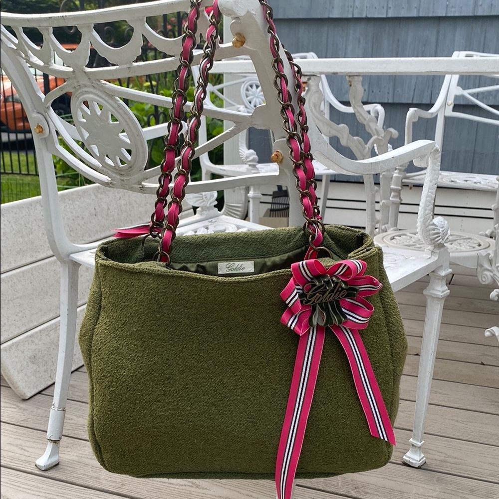 Green and Pink Shoulder Bag with Ribbon Accent